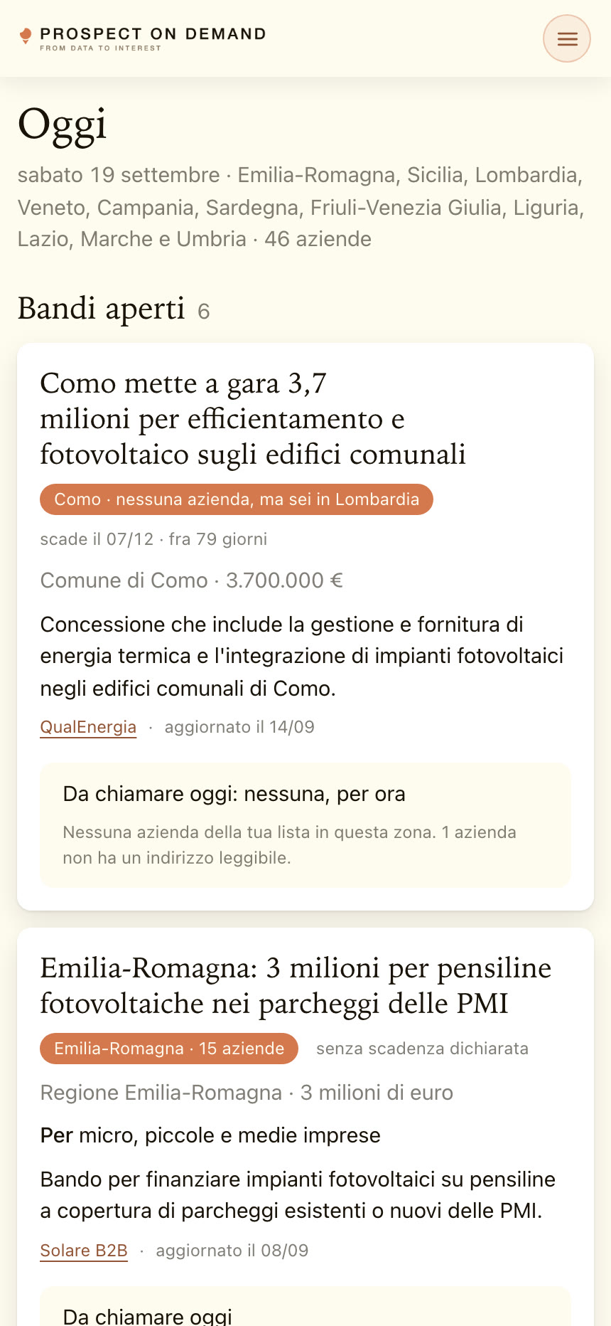 La pagina Oggi dal telefono