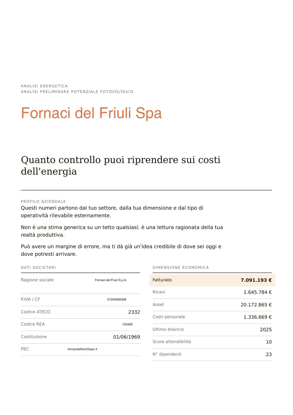 Prima pagina dell'analisi energetica in PDF