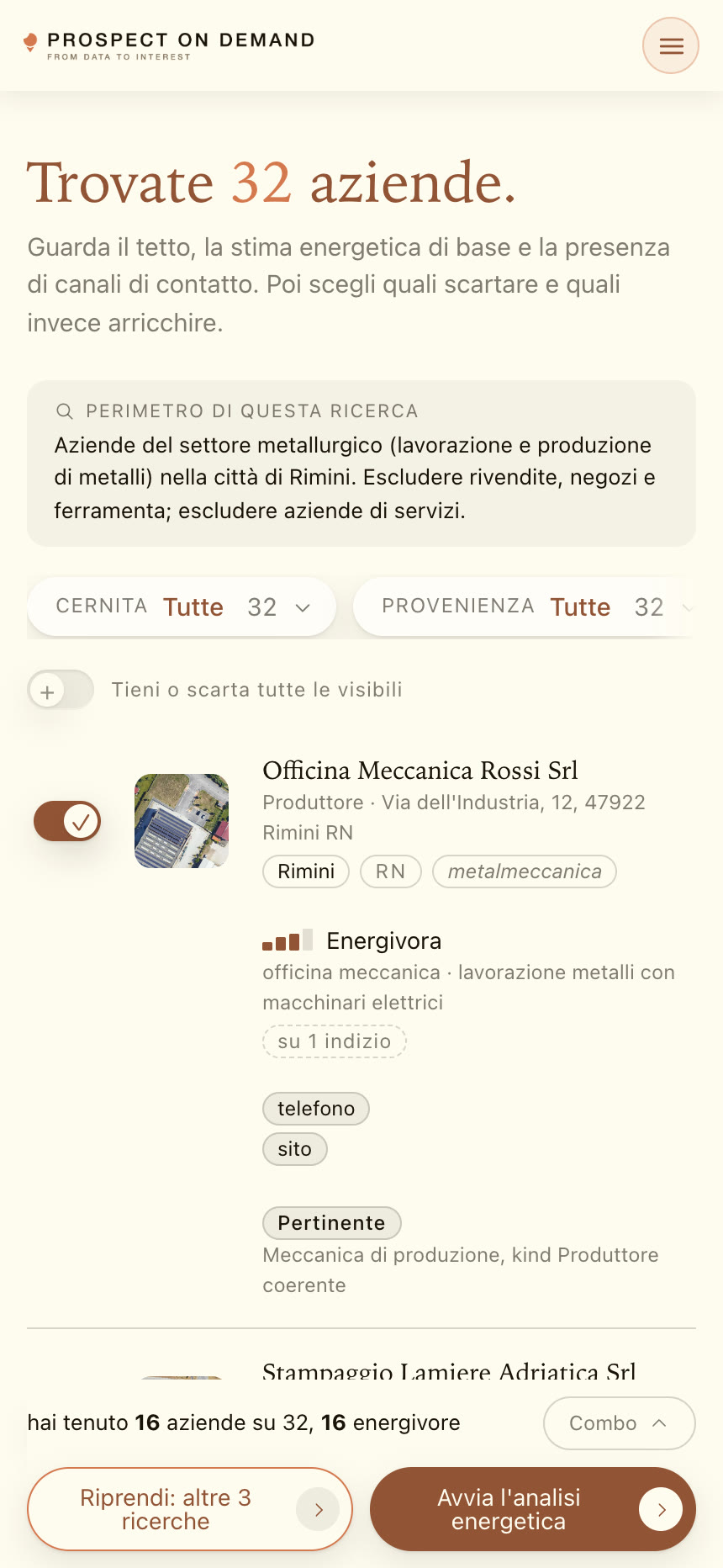La lista delle aziende trovate, dal telefono