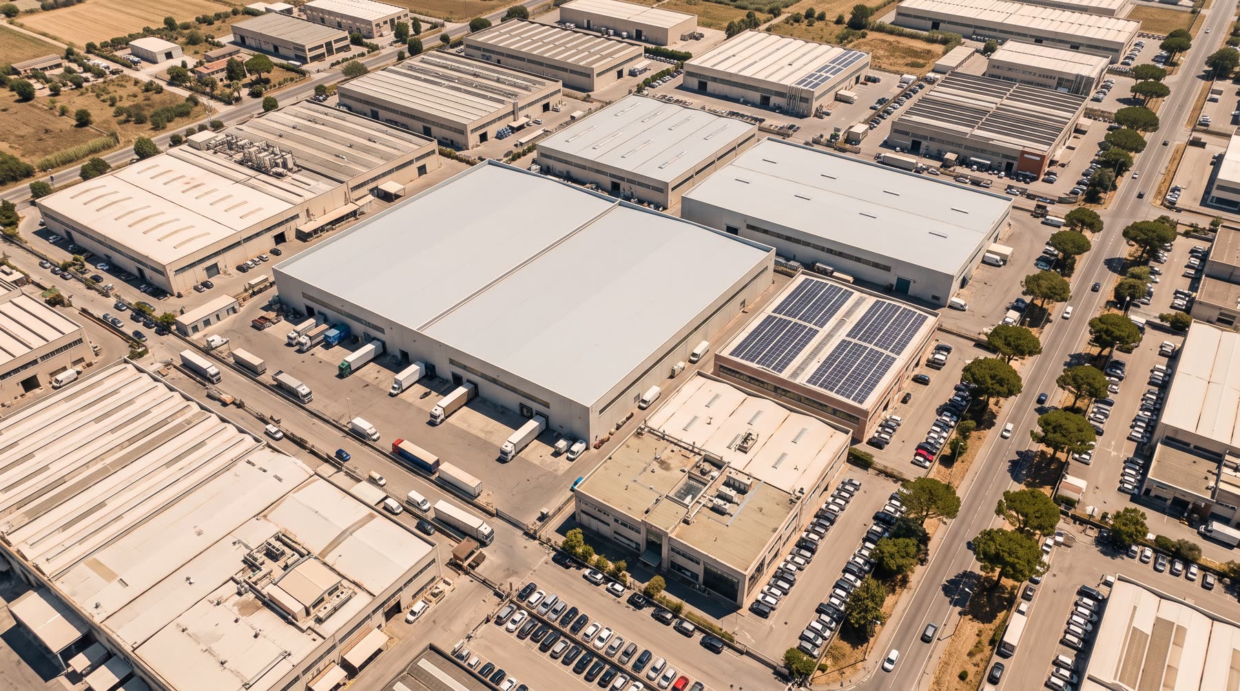 Zona industriale vista dall'alto con i tetti dei capannoni
